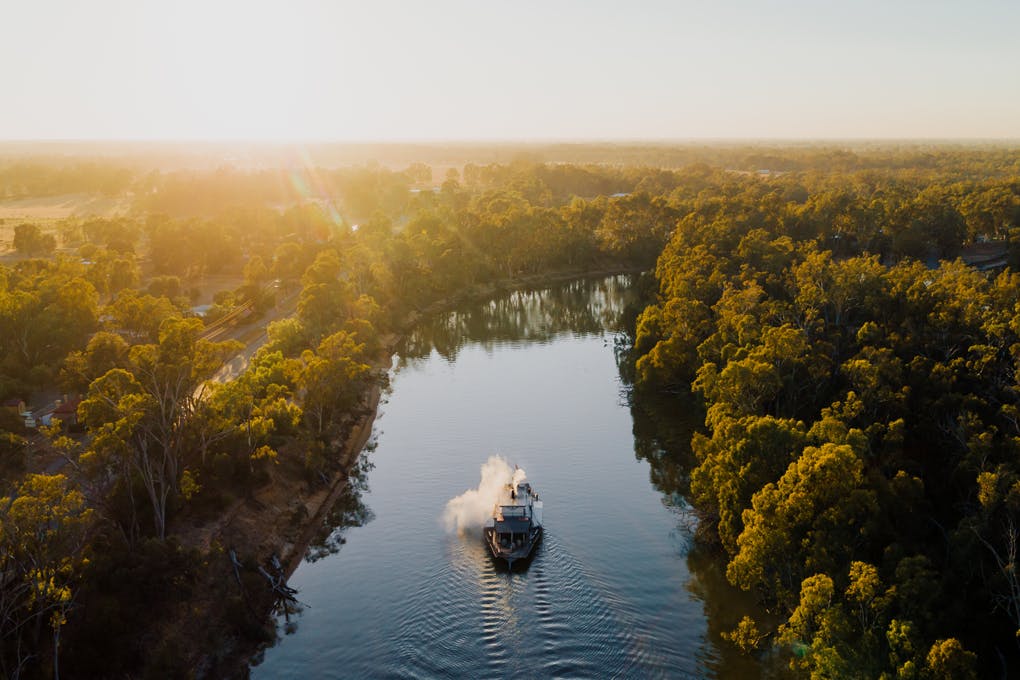 A boat going down the Murray River in Echuca with the sun shining.
